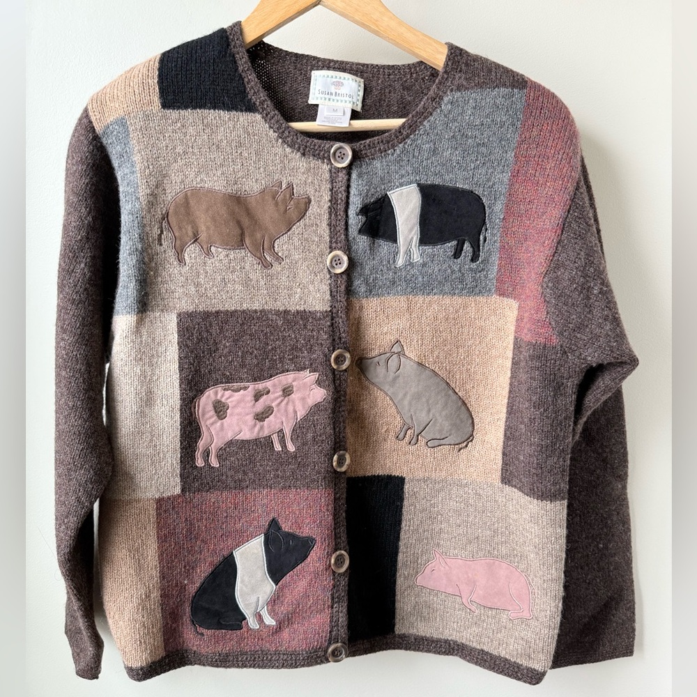 SUSAN BRISTOL Pig Cardigan Sweater Wool Cottagecore Grandma‎ Folk Heritage VTG M